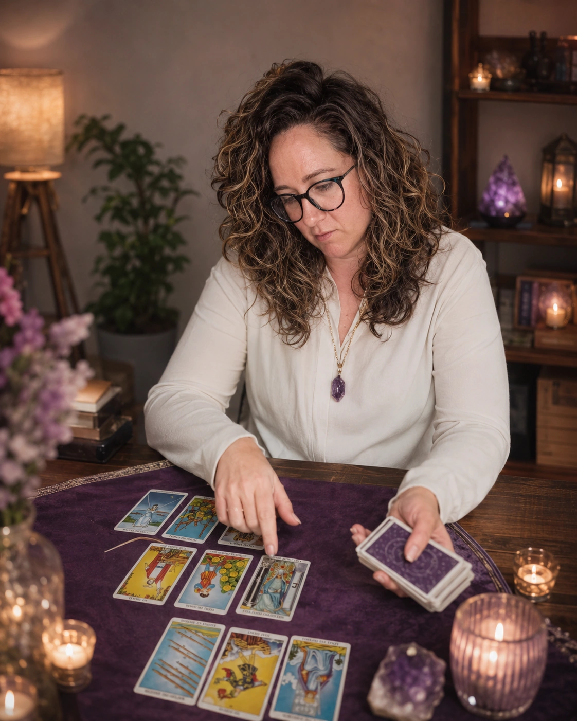 Loli médium con cartas de tarot y espacio de mediumnidad